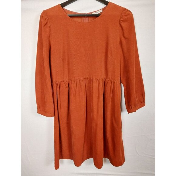Madewell Corduroy Puff-Sleeve Mini Dress Burnt Orange Pockets  Sz L - Picture 3 of 14